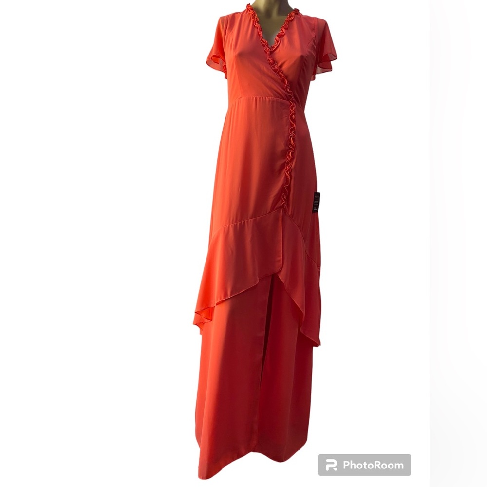 Orange maxi dress with ruffle and front slit